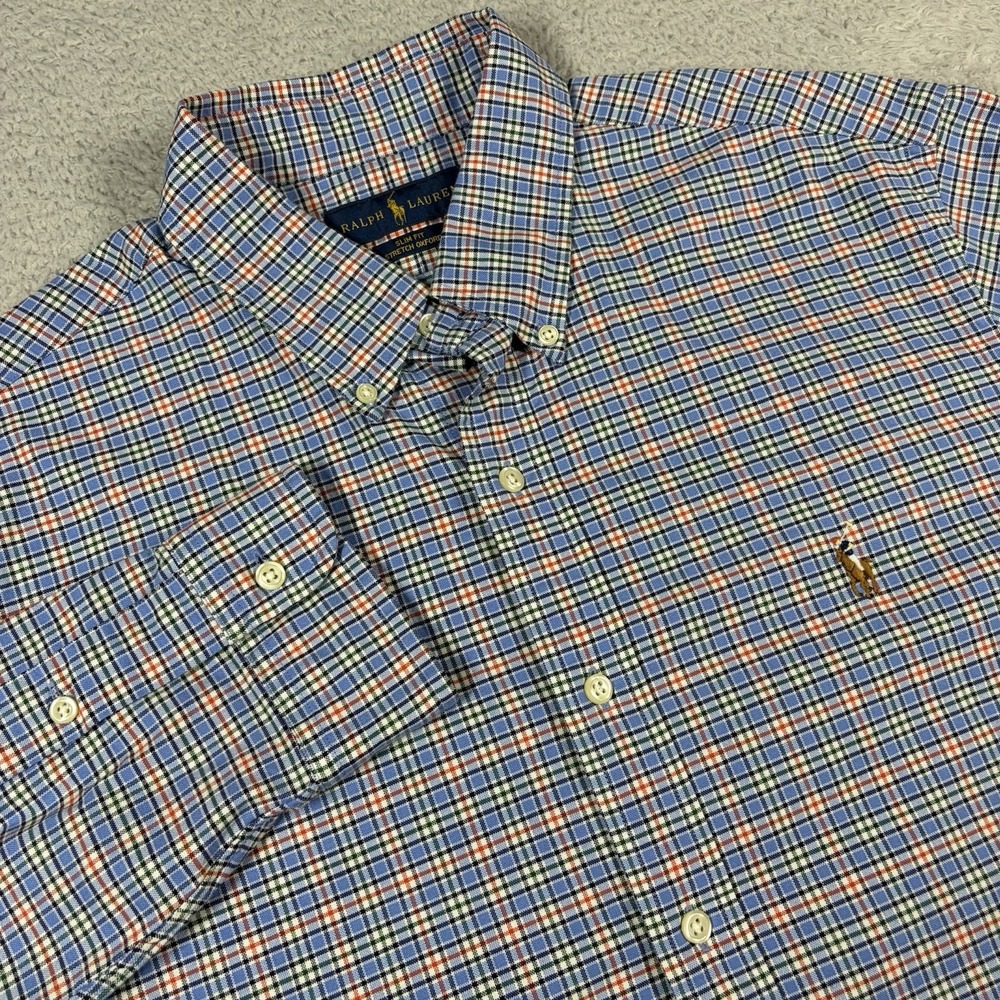 Polo Ralph Lauren Shirt Mens L Tartan Plaid Blue Slim Fit Stretch Oxford Dress